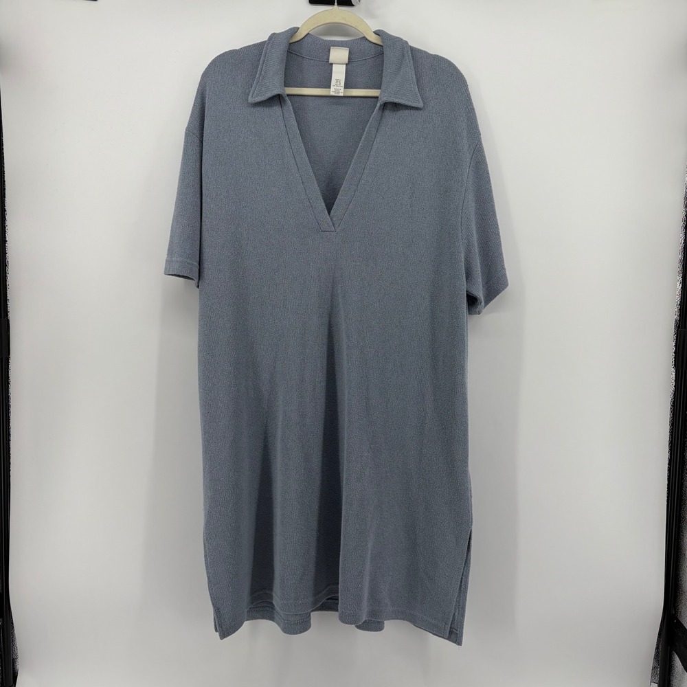 H&M Womens XL Blue Polo Dress Short Sleeve Knit V-Neck Relaxed Fit 09871293